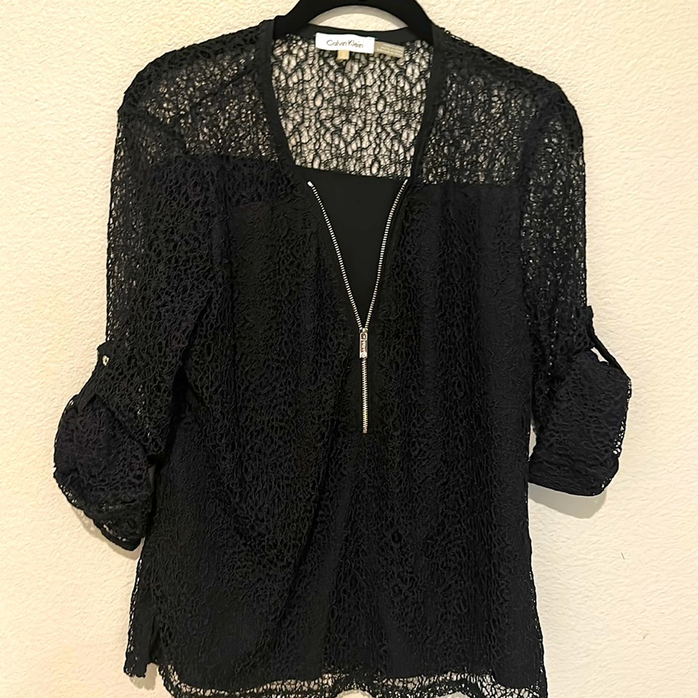 Calvin Klein half zip crochet blouse